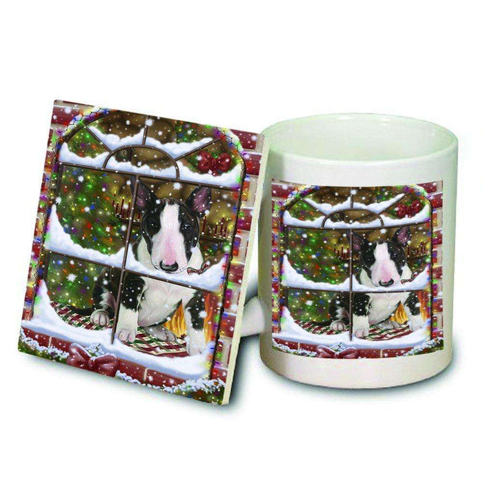 Please Come Home For Christmas Bull Terrier Dog Sitting In Window Mug and Coaster Set MUC48374