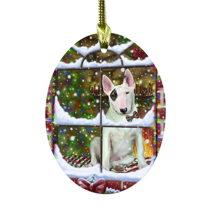 Please Come Home For Christmas Bull Terrier Dog Sitting In Window Oval Glass Christmas Ornament OGOR49146