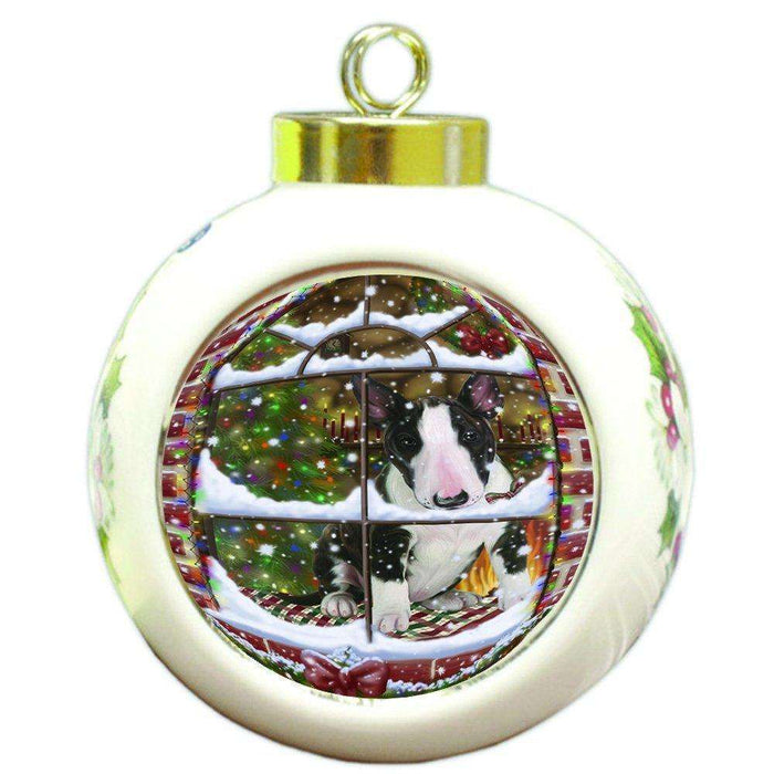Please Come Home For Christmas Bull Terrier Dog Sitting In Window Round Ball Christmas Ornament RBPOR48382