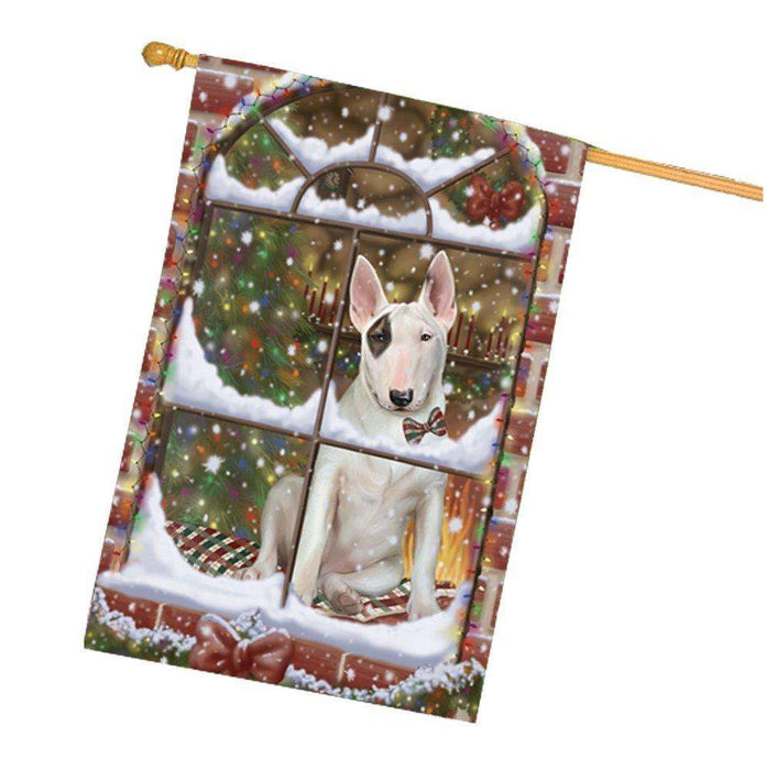 Please Come Home For Christmas Bull Terrier Sitting In Window House Flag