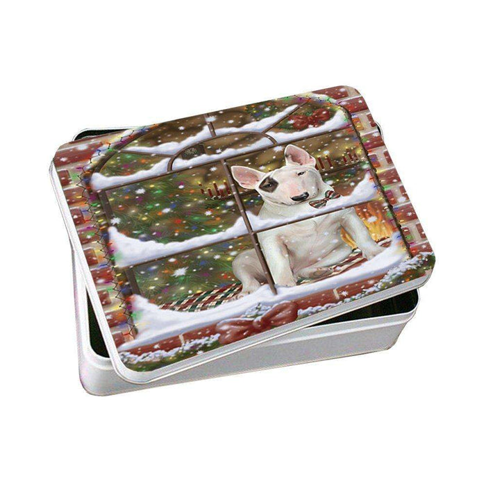 Please Come Home For Christmas Bull Terrier Sitting In Window Photo Storage Tin