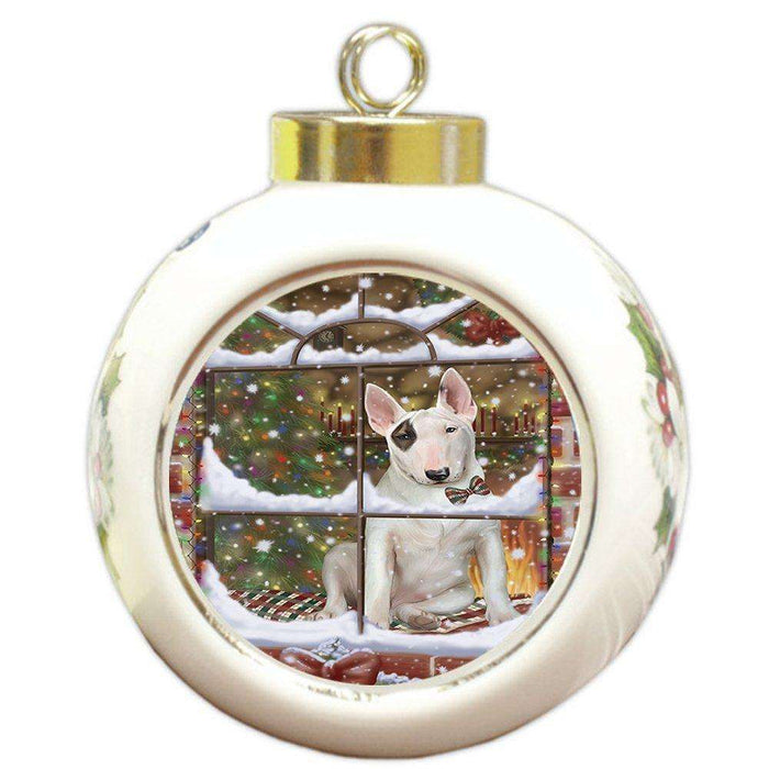 Please Come Home For Christmas Bull Terrier Sitting In Window Round Ball Ornament