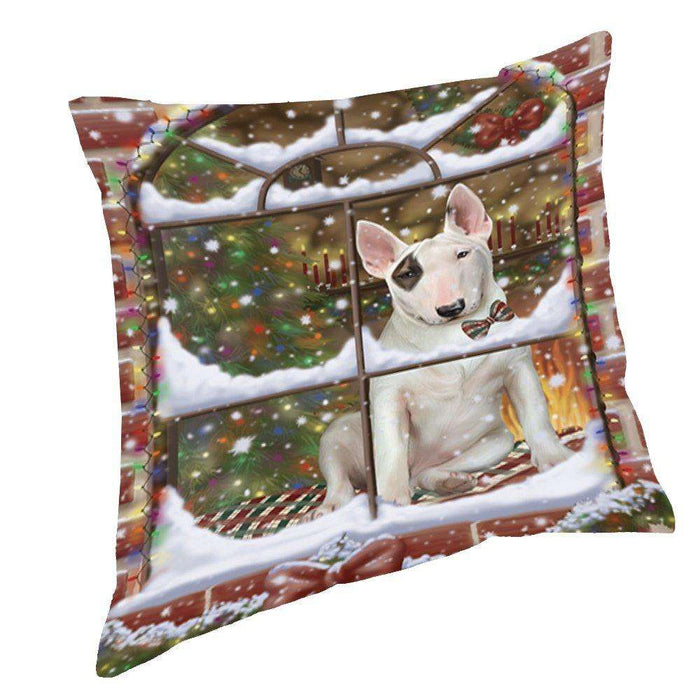 Please Come Home For Christmas Bull Terrier Sitting In Window Throw Pillow