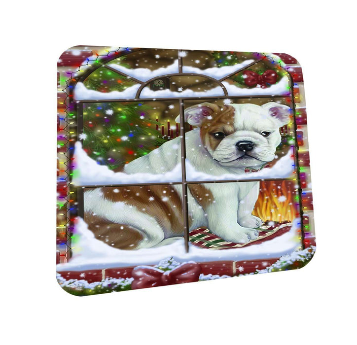 Please Come Home For Christmas Bulldog Sitting In Window Coasters Set of 4 CST48342