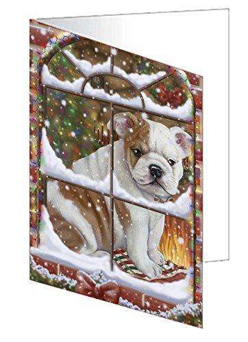 Please Come Home For Christmas Bulldog Sitting In Window Handmade Artwork Assorted Pets Greeting Cards and Note Cards with Envelopes for All Occasions and Holiday Seasons GCD49325