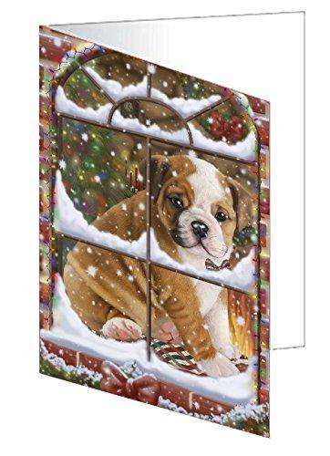 Please Come Home For Christmas Bulldog Sitting In Window Handmade Artwork Assorted Pets Greeting Cards and Note Cards with Envelopes for All Occasions and Holiday Seasons GCD49328