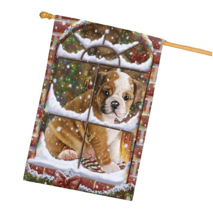 Please Come Home For Christmas Bulldog Sitting In Window House Flag FLG48397