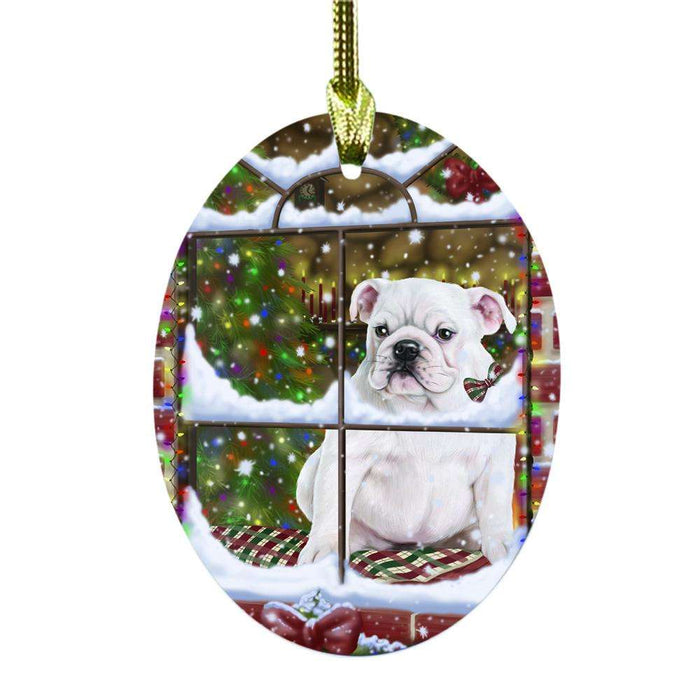 Please Come Home For Christmas Bulldog Sitting In Window Oval Glass Christmas Ornament OGOR49147