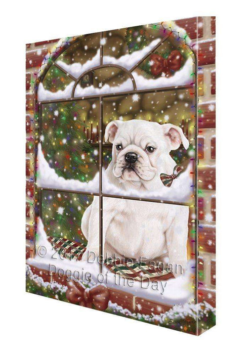 Please Come Home For Christmas Bulldogs Dog Sitting In Window Canvas Wall Art