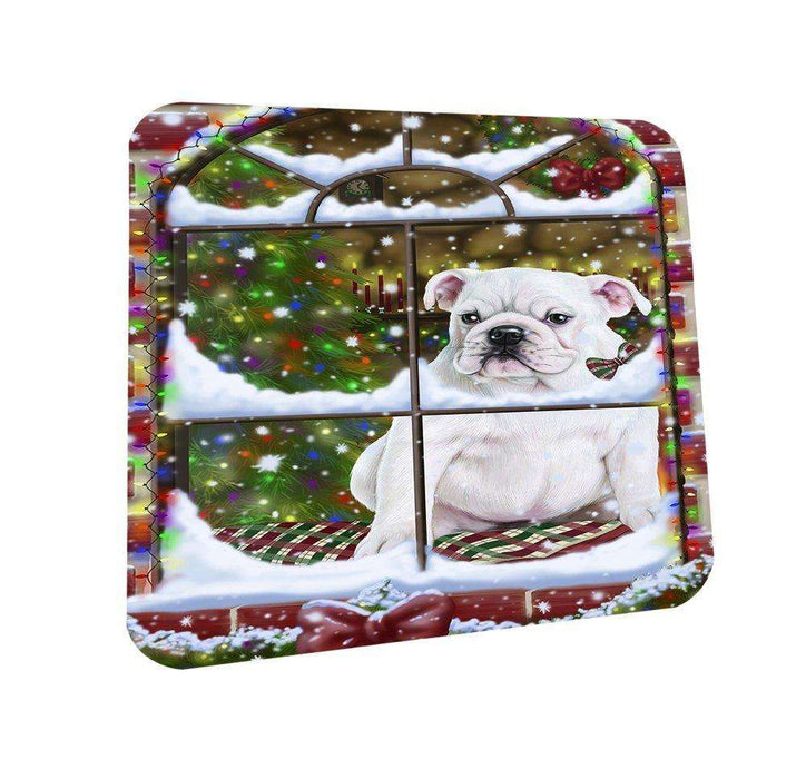 Please Come Home For Christmas Bulldogs Dog Sitting In Window Coasters Set of 4