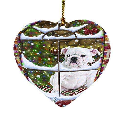 Please Come Home For Christmas Bulldogs Dog Sitting In Window Heart Ornament D361