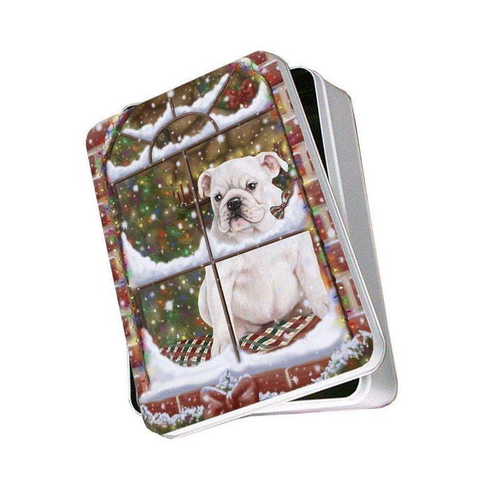 Please Come Home For Christmas Bulldogs Dog Sitting In Window Photo Storage Tin