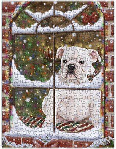 Please Come Home For Christmas Bulldogs Dog Sitting In Window Puzzle with Photo Tin