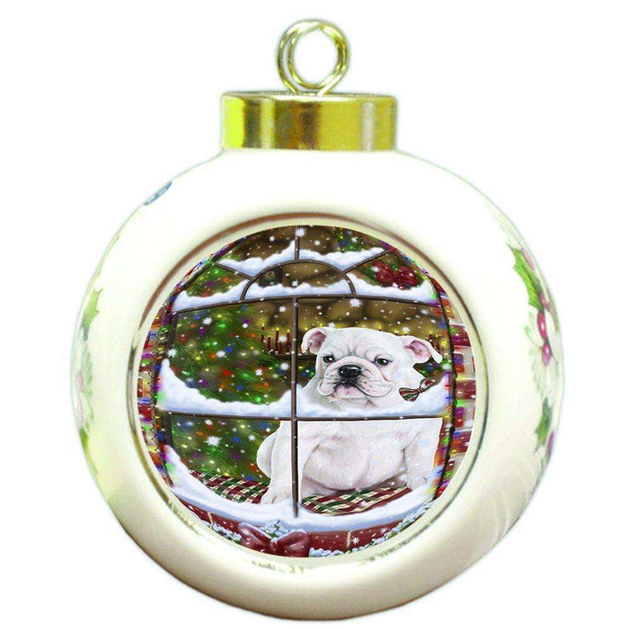 Please Come Home For Christmas Bulldogs Dog Sitting In Window Round Ball Ornament D389