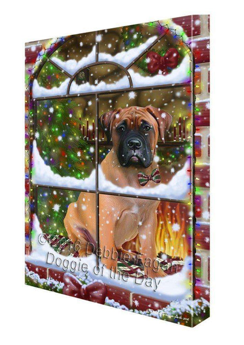 Please Come Home For Christmas Bullmastiff Dog Sitting In Window Canvas Wall Art