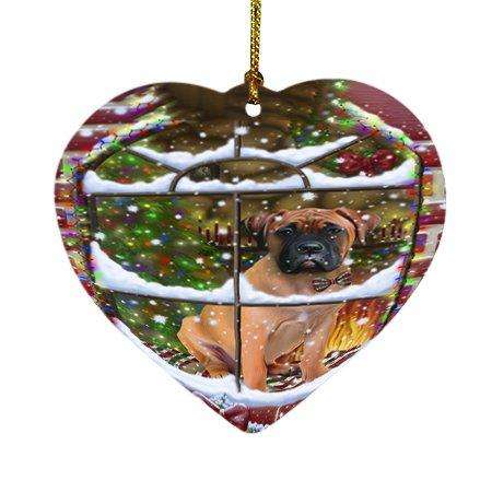 Please Come Home For Christmas Bullmastiff Dog Sitting In Window Heart Ornament D341