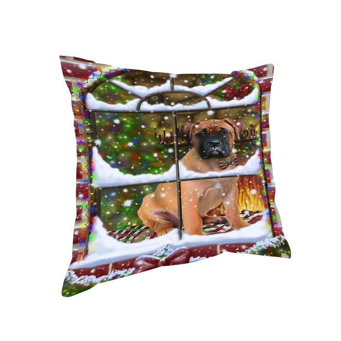 Please Come Home For Christmas Bullmastiff Dog Sitting In Window Throw Pillow