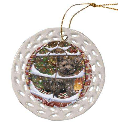 Please Come Home For Christmas Cairn Terrier Dog Sitting In Window Ceramic Doily Ornament DPOR48551