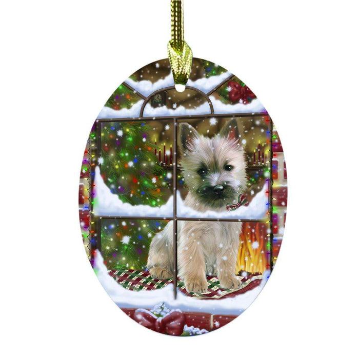 Please Come Home For Christmas Cairn Terrier Dog Sitting In Window Oval Glass Christmas Ornament OGOR49149