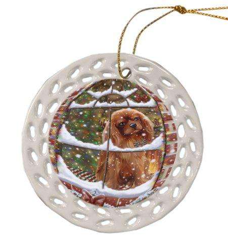 Please Come Home For Christmas Cavalier King Charles Spaniel Dog Sitting In Window Ceramic Doily Ornament DPOR48554
