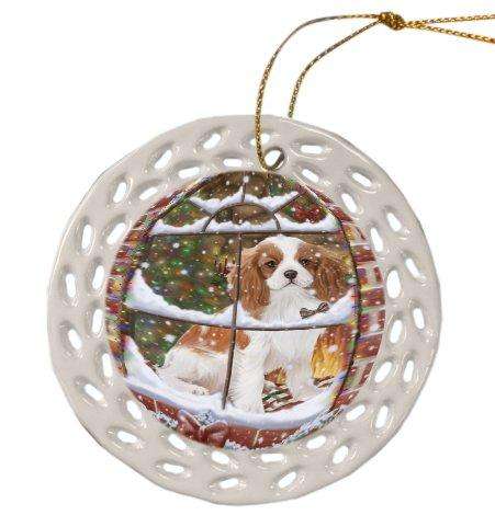 Please Come Home For Christmas Cavalier King Charles Spaniel Dog Sitting In Window Ceramic Doily Ornament DPOR48555