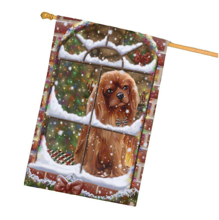 Please Come Home For Christmas Cavalier King Charles Spaniel Dog Sitting In Window House Flag FLG48402