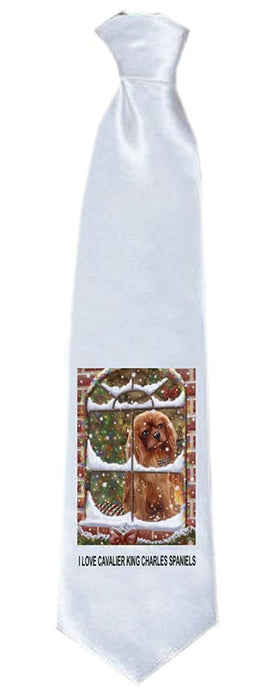 Please Come Home For Christmas Cavalier King Charles Spaniel Dog Sitting In Window Neck Tie TIE48214