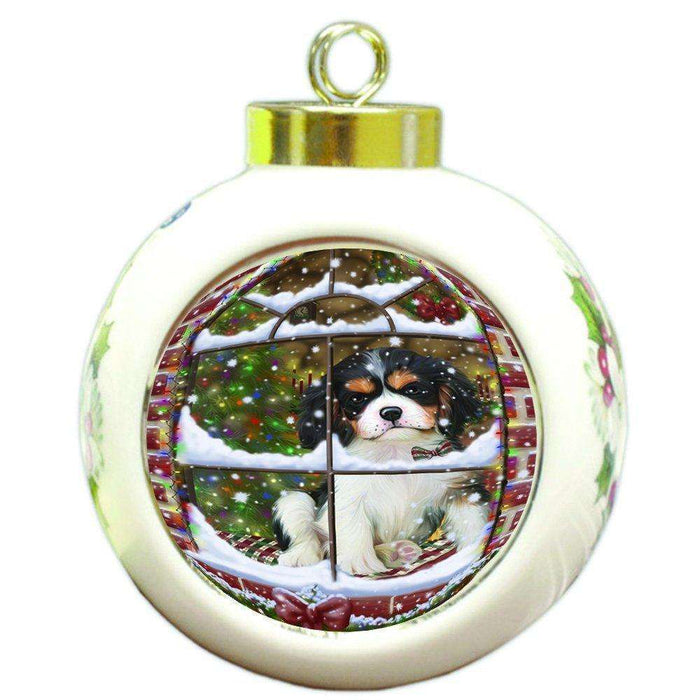 Please Come Home For Christmas Cavalier King Charles Spaniel Dog Sitting In Window Round Ball Christmas Ornament RBPOR48388