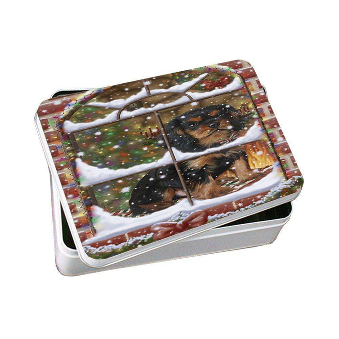 Please Come Home For Christmas Cavalier King Charles Spaniel Sitting In Window Photo Storage Tin