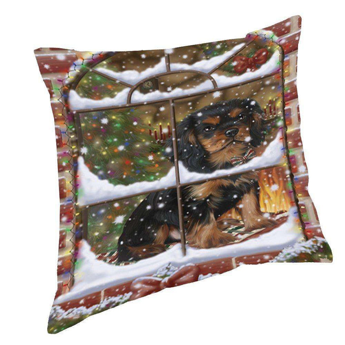 Please Come Home For Christmas Cavalier King Charles Spaniel Sitting In Window Throw Pillow