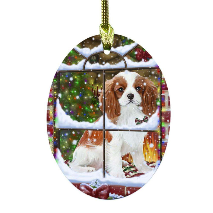 Please Come Home For Christmas Cavalier King Charles Window Dog Sitting In Window Oval Glass Christmas Ornament OGOR49151