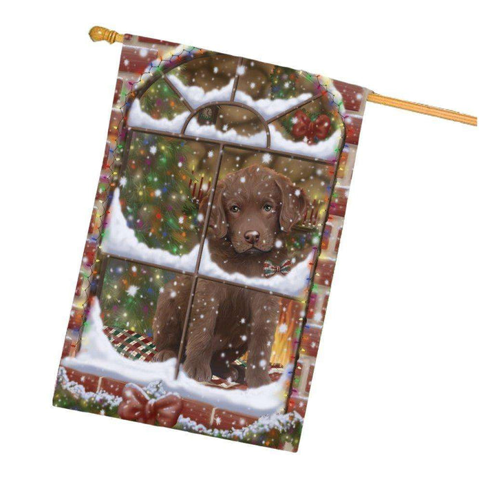 Please Come Home For Christmas Chesapeake Bay Retriever Dog Sitting In Window House Flag FLG48404