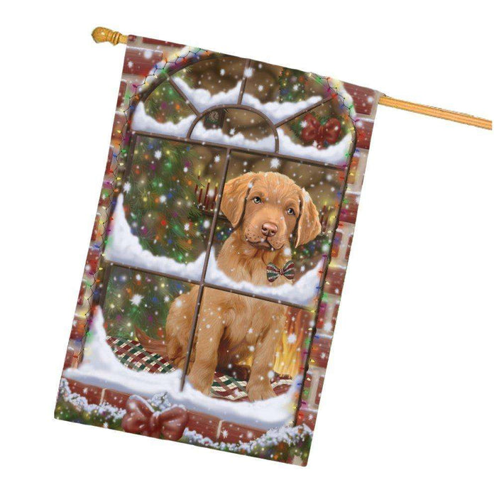 Please Come Home For Christmas Chesapeake Bay Retriever Dog Sitting In Window House Flag FLG48405
