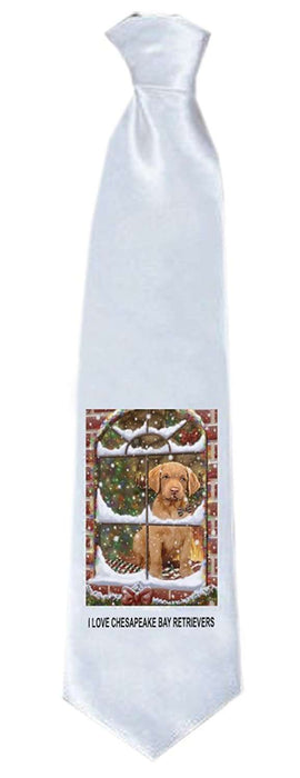 Please Come Home For Christmas Chesapeake Bay Retriever Dog Sitting In Window Neck Tie TIE48217