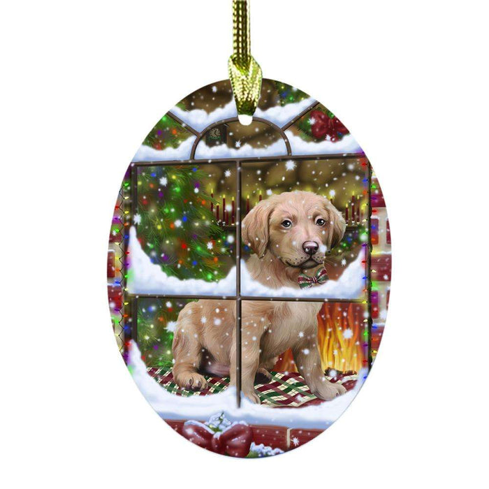 Please Come Home For Christmas Chesapeake Bay Retriever Dog Sitting In Window Oval Glass Christmas Ornament OGOR49152