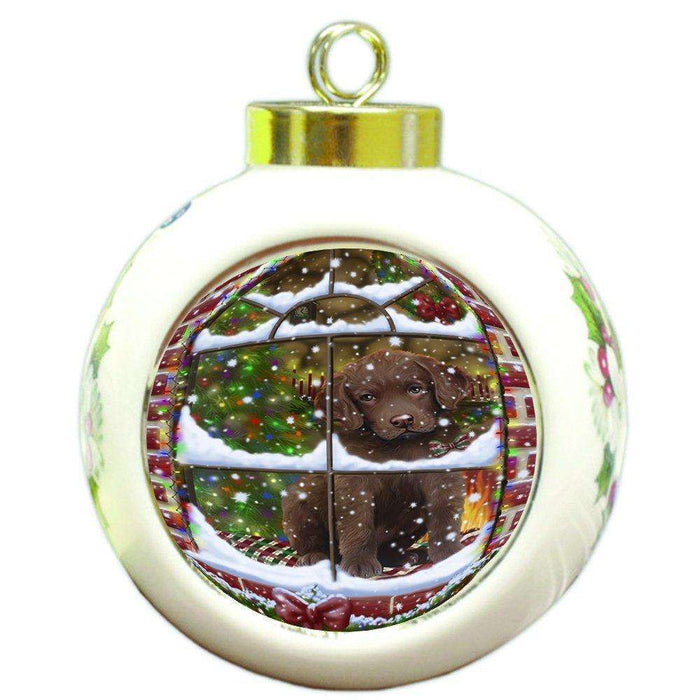Please Come Home For Christmas Chesapeake Bay Retriever Dog Sitting In Window Round Ball Christmas Ornament RBPOR48391
