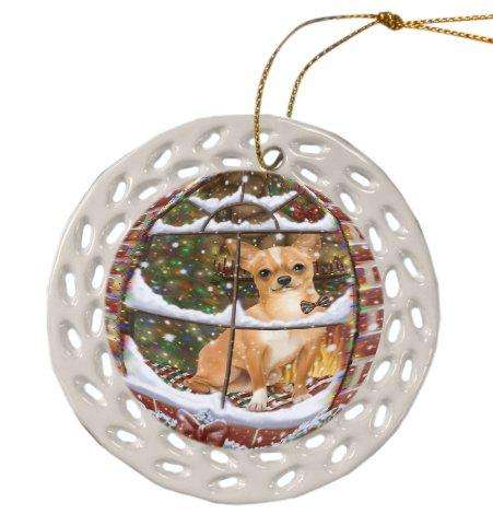 Please Come Home For Christmas Chihuahua Dog Sitting In Window Ceramic Doily Ornament DPOR48559