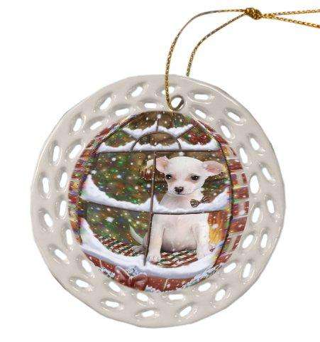 Please Come Home For Christmas Chihuahua Dog Sitting In Window Ceramic Doily Ornament DPOR48560