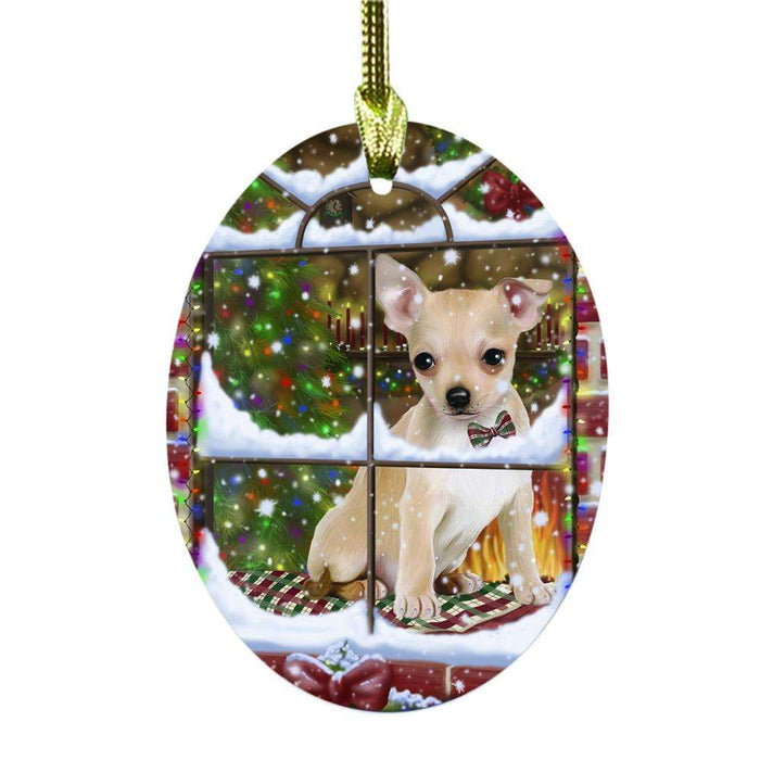 Please Come Home For Christmas Chihuahua Dog Sitting In Window Oval Glass Christmas Ornament OGOR49153