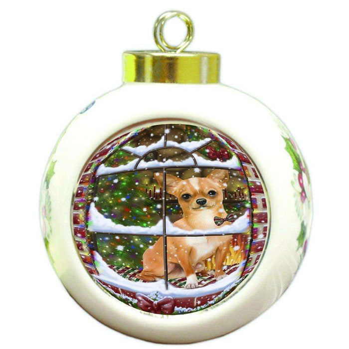Please Come Home For Christmas Chihuahua Dog Sitting In Window Round Ball Christmas Ornament RBPOR48394