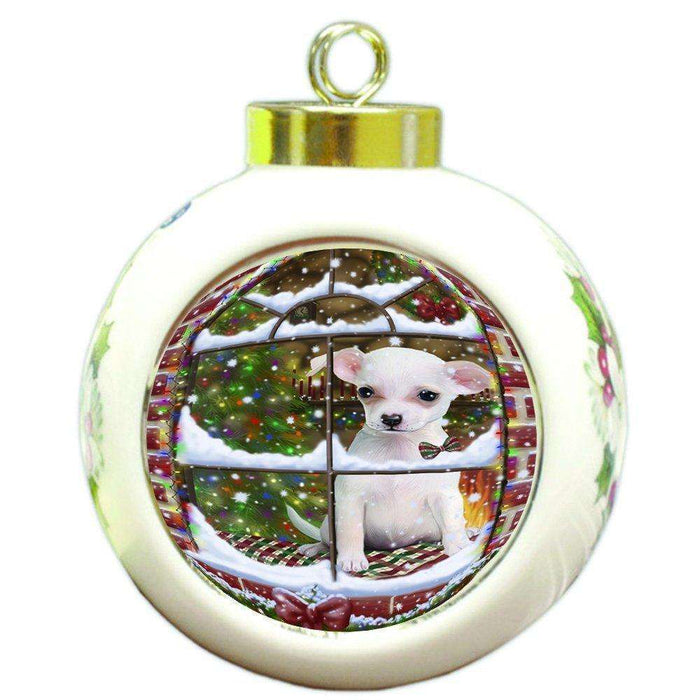 Please Come Home For Christmas Chihuahua Dog Sitting In Window Round Ball Christmas Ornament RBPOR48395