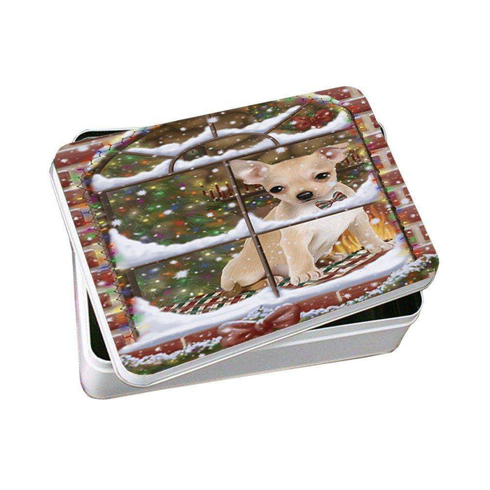 Please Come Home For Christmas Chihuahua Sitting In Window Photo Storage Tin