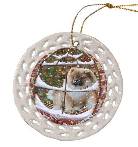 Please Come Home For Christmas Chow Chow Dog Sitting In Window Ceramic Doily Ornament DPOR48561