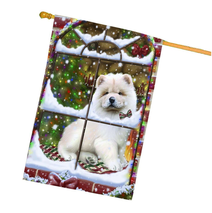 Please Come Home For Christmas Chow Chow Dog Sitting In Window House Flag