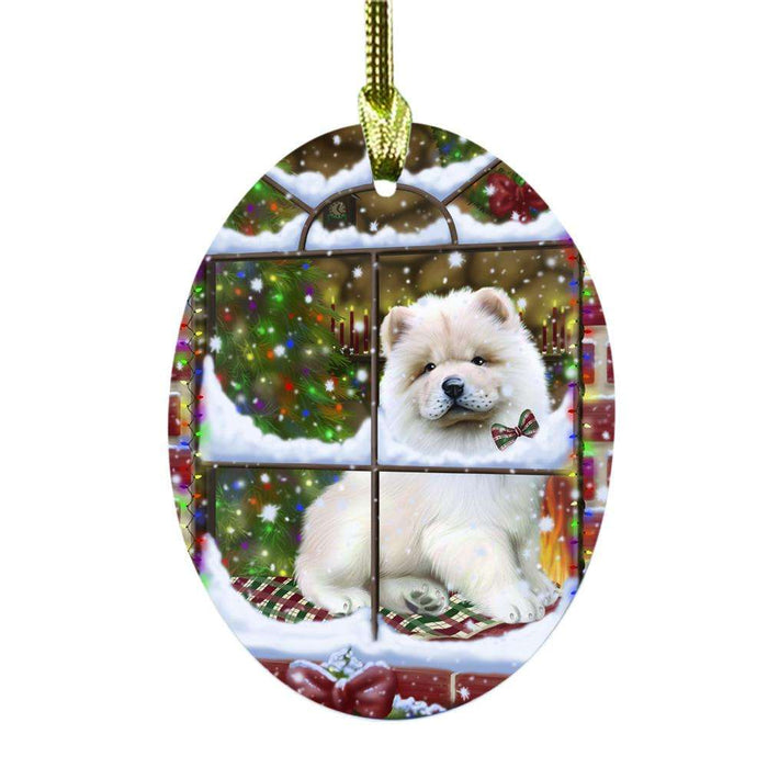 Please Come Home For Christmas Chow Chow Dog Sitting In Window Oval Glass Christmas Ornament OGOR49154