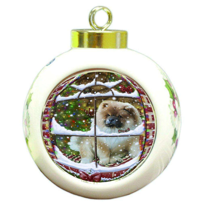 Please Come Home For Christmas Chow Chow Dog Sitting In Window Round Ball Christmas Ornament RBPOR48396