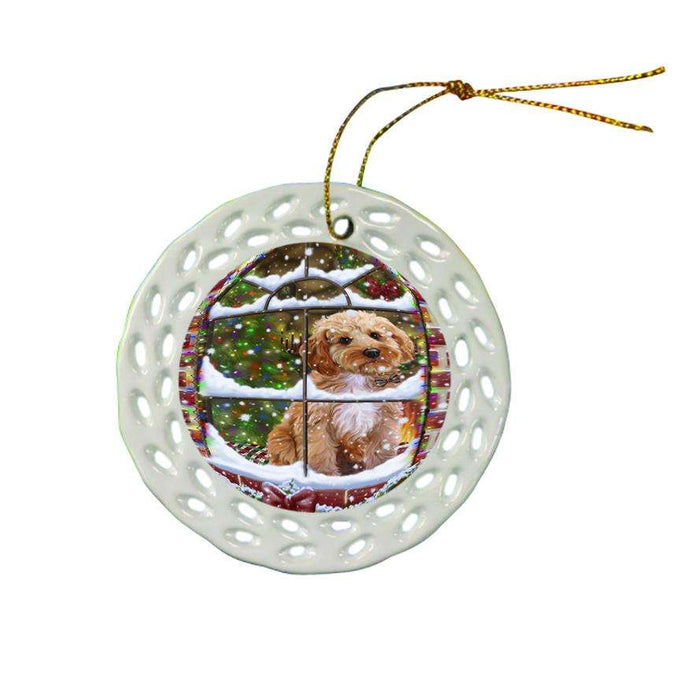 Please Come Home For Christmas Cockapoo Dog Sitting In Window Ceramic Doily Ornament DPOR53623