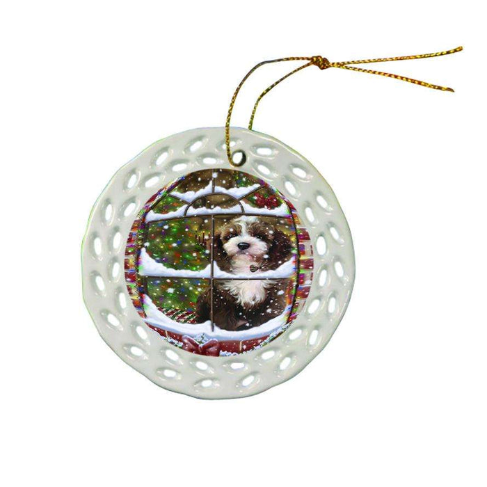 Please Come Home For Christmas Cockapoo Dog Sitting In Window Ceramic Doily Ornament DPOR53624