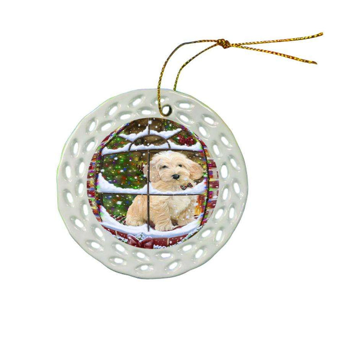 Please Come Home For Christmas Cockapoo Dog Sitting In Window Ceramic Doily Ornament DPOR53625