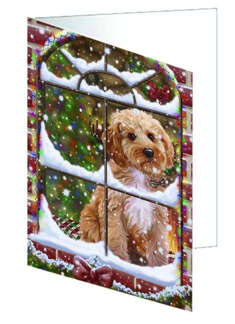 Please Come Home For Christmas Cockapoo Dog Sitting In Window Handmade Artwork Assorted Pets Greeting Cards and Note Cards with Envelopes for All Occasions and Holiday Seasons GCD64898